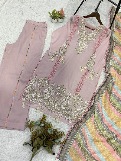 Dusty Lilac Georgette Straight Suit Set with Organza Dupatta