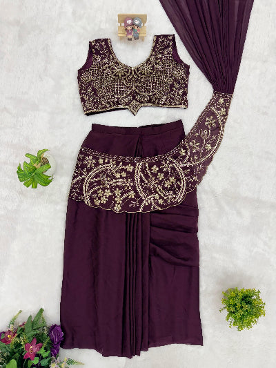 Designer Lehenga Saree &amp; Embroidered Blouse Burgundy &amp; Olive Green