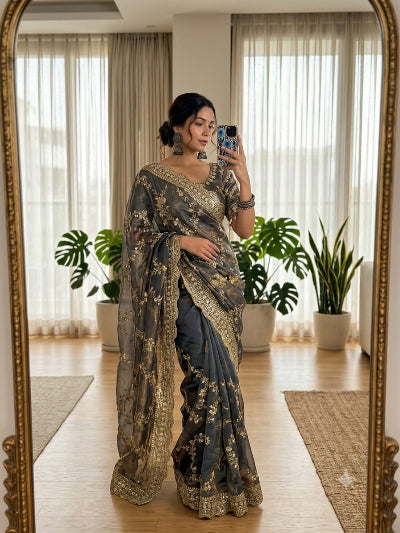 Taupe Gold Embroidered Ready to Wear Saree with Free Stitched Blouse