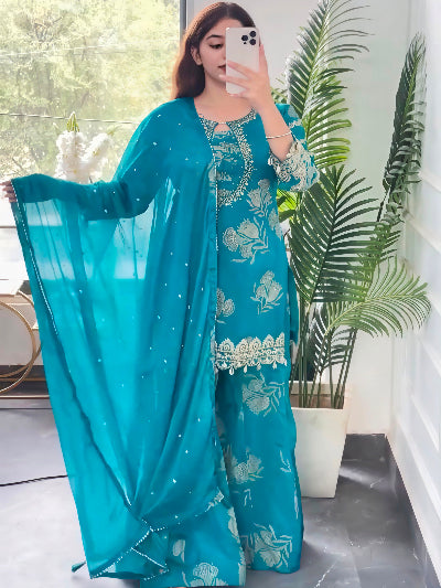 Peacock Blue Embroidery Sequins Work Sharara Suit for Women
