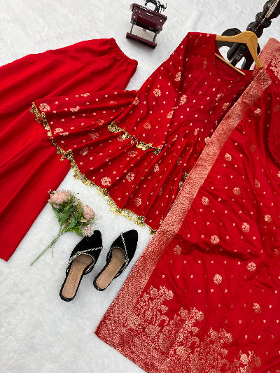 Red Gold Weaving Satin Silk Peplum Style Kurti with Sharara Palazzo &amp; Dupatta
