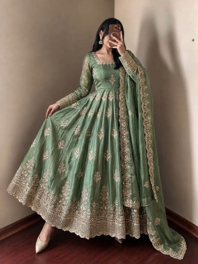 Sage Green Embroidered Silk Anarkali Gown Suit Set