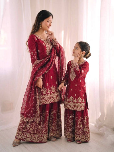 Mother Daughter Matching Festive Silk Sharara Suit Set