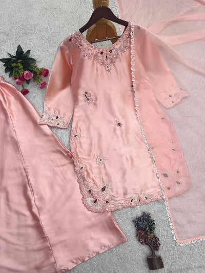 Pastel Pink Silk Embroidered Palazzo Suit | Asian Wear