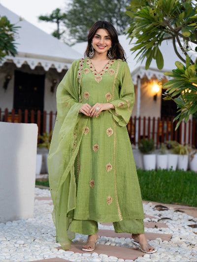 Green Embroidered Crunchy Silk Straight Suit for Women