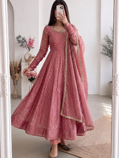 Rose Pink Butti Silk Anarkali Suit Set