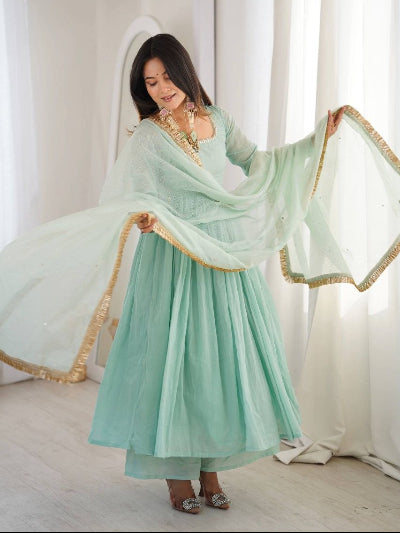 Soft Mint Green Designer Lace Work Anarkali Suit