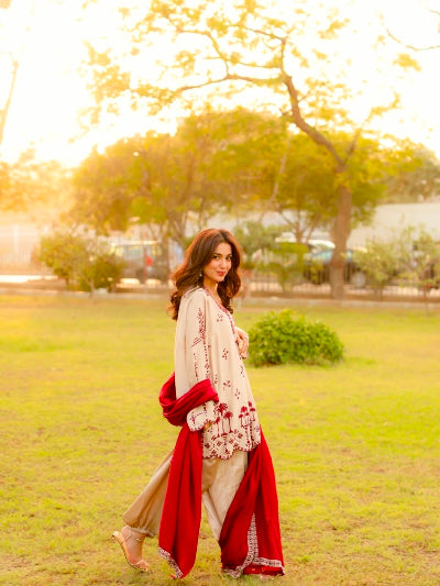 Cream &amp; Red Embroidered Harem Salwar Suit Set for Women UK
