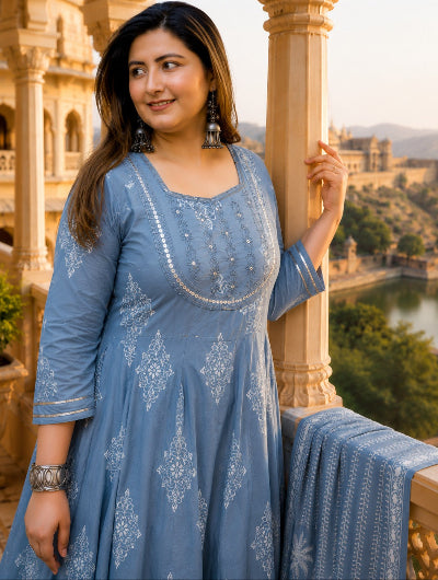 Plus Size Women Powder Blue Cotton Anarkali Dupatta Set of 2