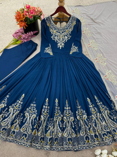 Teal Blue Georgette Intricate Embroidery Anarkali Suit