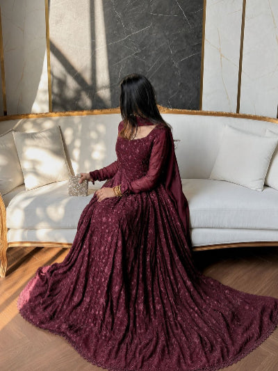Dusty Plum Georgette Embroidered Gown Dupatta Set Of 2