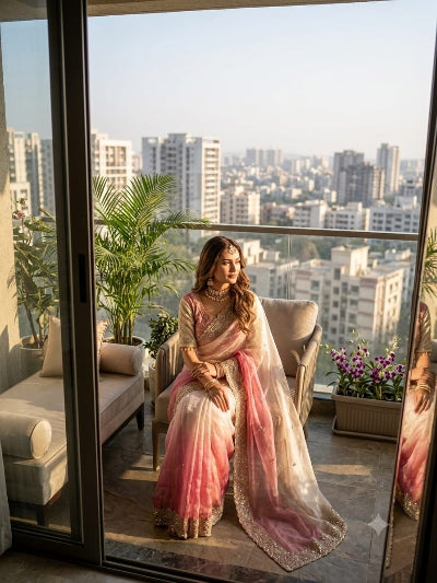 Blush Pink &amp; White Pre-pleated Ready to Wear Saree with Embroidered Stitched Blouse