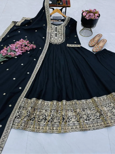 Elegant Black Embroidered Anarkali Gown Suit Set
