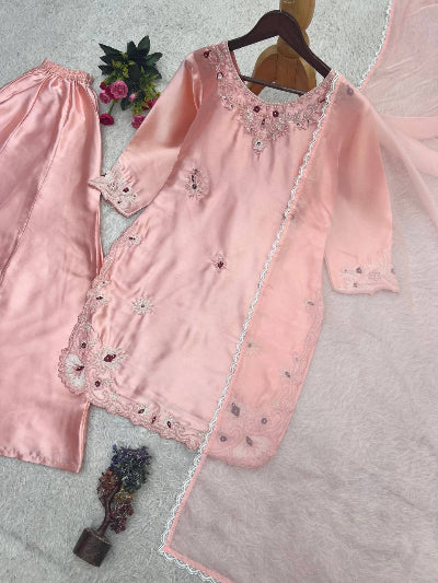Pastel Pink Silk Embroidered Palazzo Suit | Asian Wear