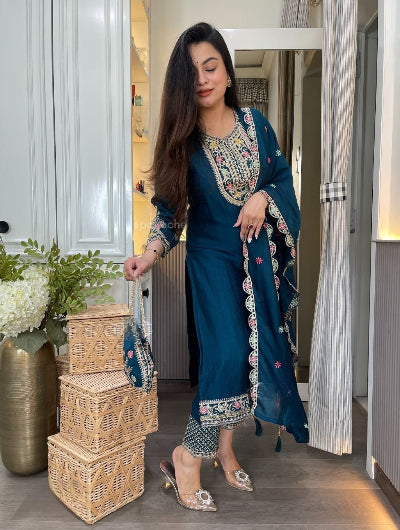 Teal Blue Chinon Silk Embroidery Straight Suit