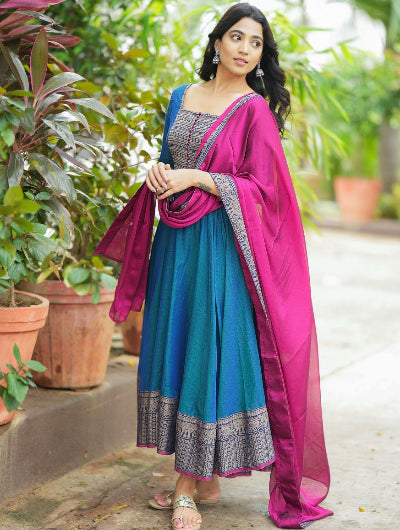 Blue Pink South Fahion Anarkali Dupatta Set Of 2