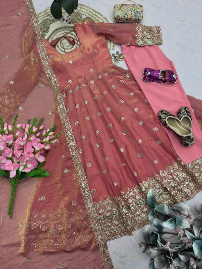Dusty Rose Pink Gold Embroidered Women&