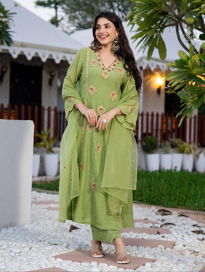 Green Embroidered Crunchy Silk Straight Suit for Women