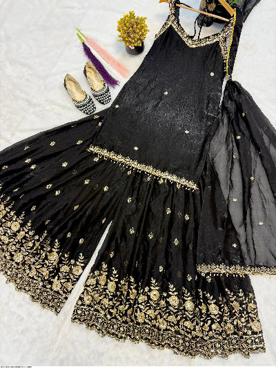 Black Sleeveless Embroidery Zari Work Sharara Suit