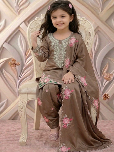 Dusty Brown Floral Kids Embroidered Punjabi Suit