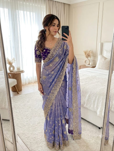 Lilac Pre-Stitched Ready to Wear Saree with Free Purple Embroidered Stitched Blouse