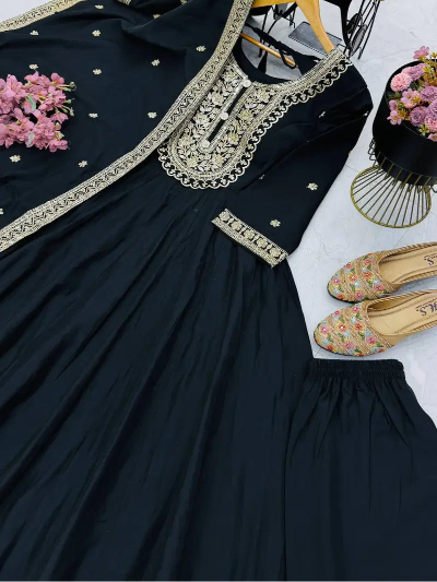 Elegant Black Embroidered Anarkali Gown Suit Set