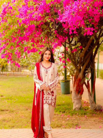 Cream &amp; Red Embroidered Harem Salwar Suit Set for Women UK