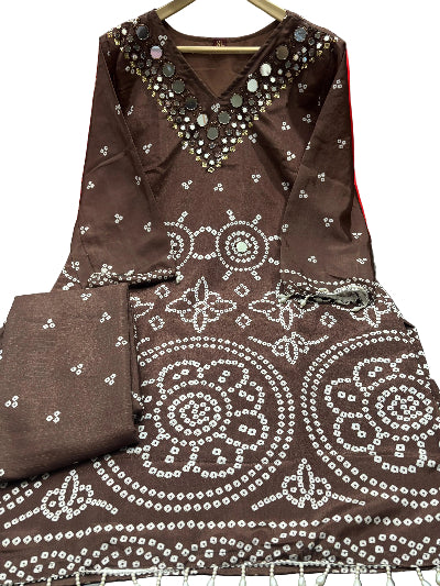 Designer Bandhani Chinon Silk Coord Set with Mirror Work