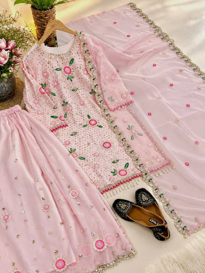 Light Blush Pink Embroidered Pearl Work Palazzo Suit