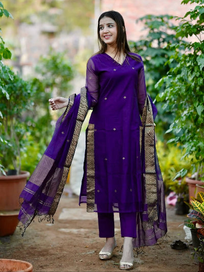 Purple Cotton Handwoven Jamdani Straight Suit Set