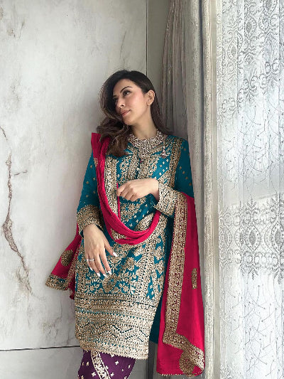 Blue Embroidered Partywear Salwar Kameez Set UK Next Day