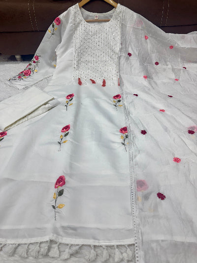 White Chanderi Embroidered Straight Suit Set