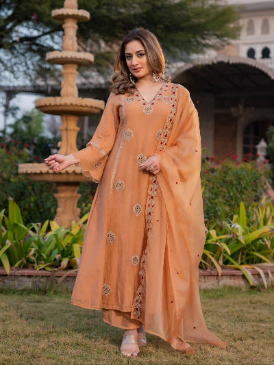 Orange Embroidered Crunchy Silk Straight Suit for Women