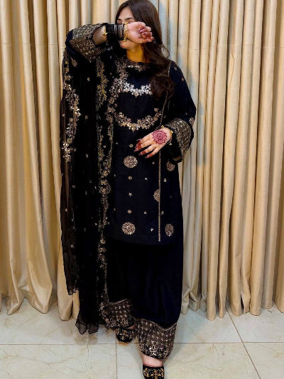 Black French Crepe Party Wear Palazzo Suit Set