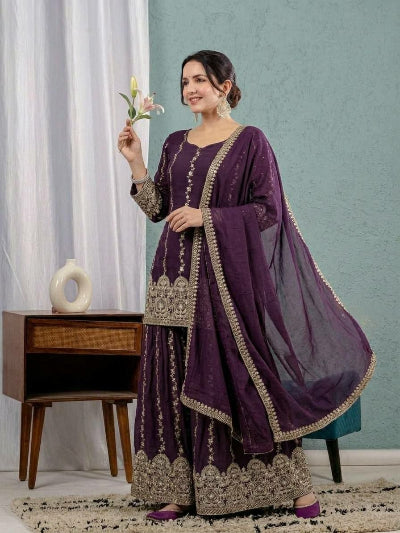 Deep Purple Crunchy Silk Embroidered Sharara Suit for Women UK