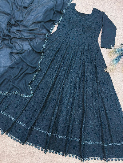 Teal Blue Georgette Embroidered Gown Dupatta Set Of 2