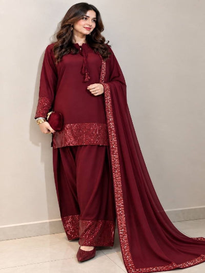 Maroon Crepe Silk Embroidered Farshi Suit Set