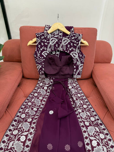 Wine Georgette Thread Embroidery Ready to wear Saree with Free Stitched Blouse