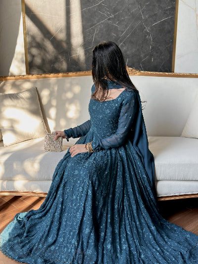 Teal Blue Georgette Embroidered Gown Dupatta Set Of 2