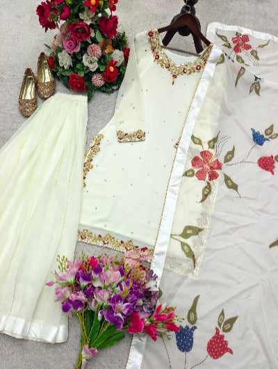 White Georgette Embroidery Sharara Suit with Floral Dupatta