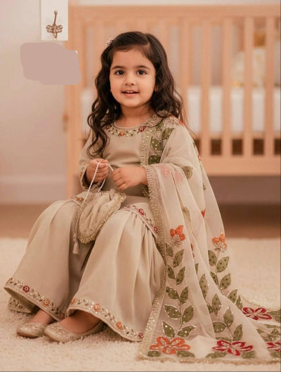 Kids Beige Gold Embroidery Work Sharara Set
