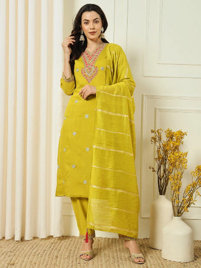 Glazed Yellow Roman Silk Embroidery Salwar Suit UK Next Day