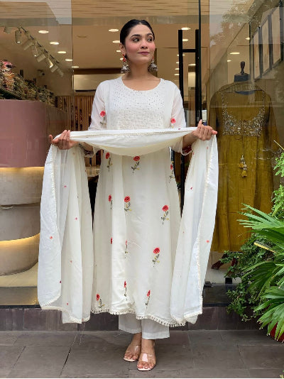 White Chanderi Embroidered Straight Suit Set