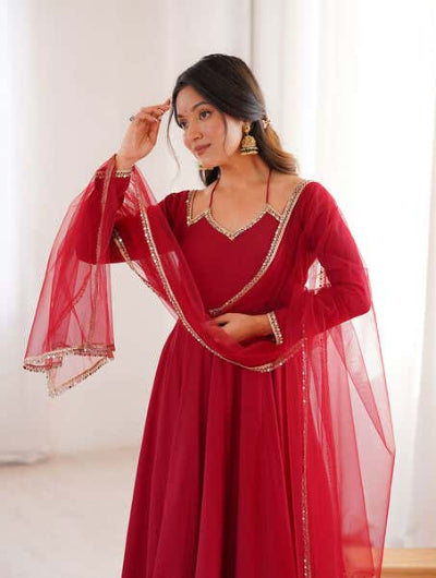 Deep Maroon Roman Silk Chanderi Full Sleeves Anarkali Suit
