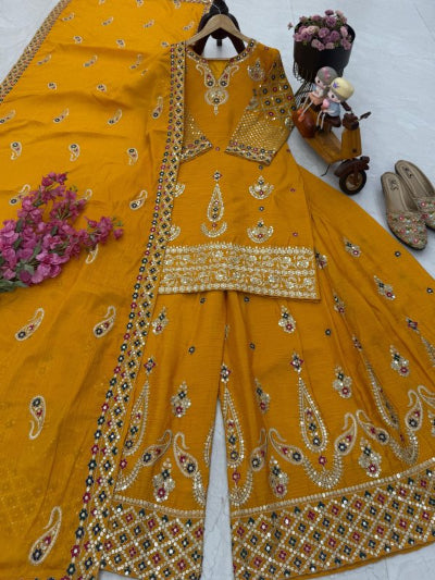 Yellow Chinon Silk Embroidery Work Sharara Suit UK Next Day