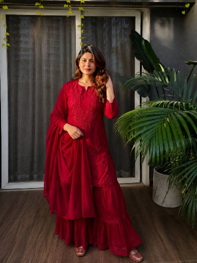 Red Chikankari Rayon Sharara Suit Set