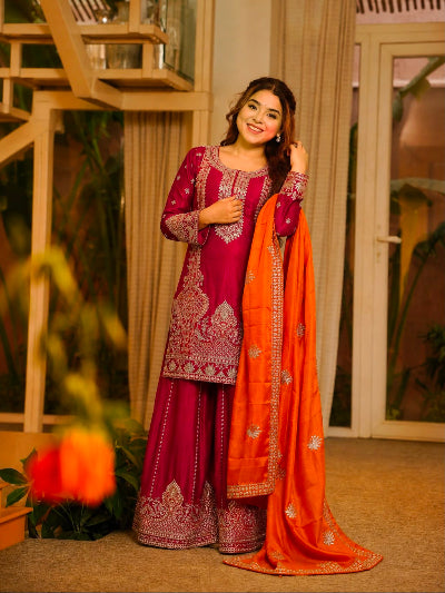 Red &amp; Orange Chinon Silk Embroidered Palazzo Sharara Suit Set