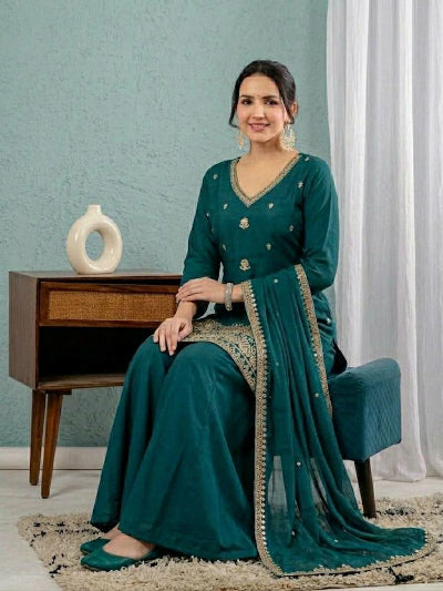 Teal Blue Sequin Embroidered Sharara Suit for Women