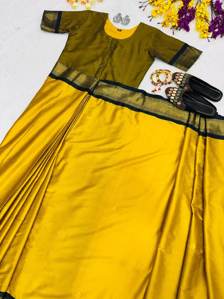 Mustard Yellow Lichi Silk Zip & Go 10 Second Saree Gown - BONYHUBSAREE