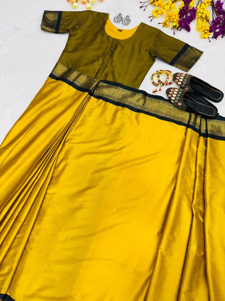 Mustard Yellow Lichi Silk Zip & Go 10 Second Saree Gown - BONYHUBSAREE